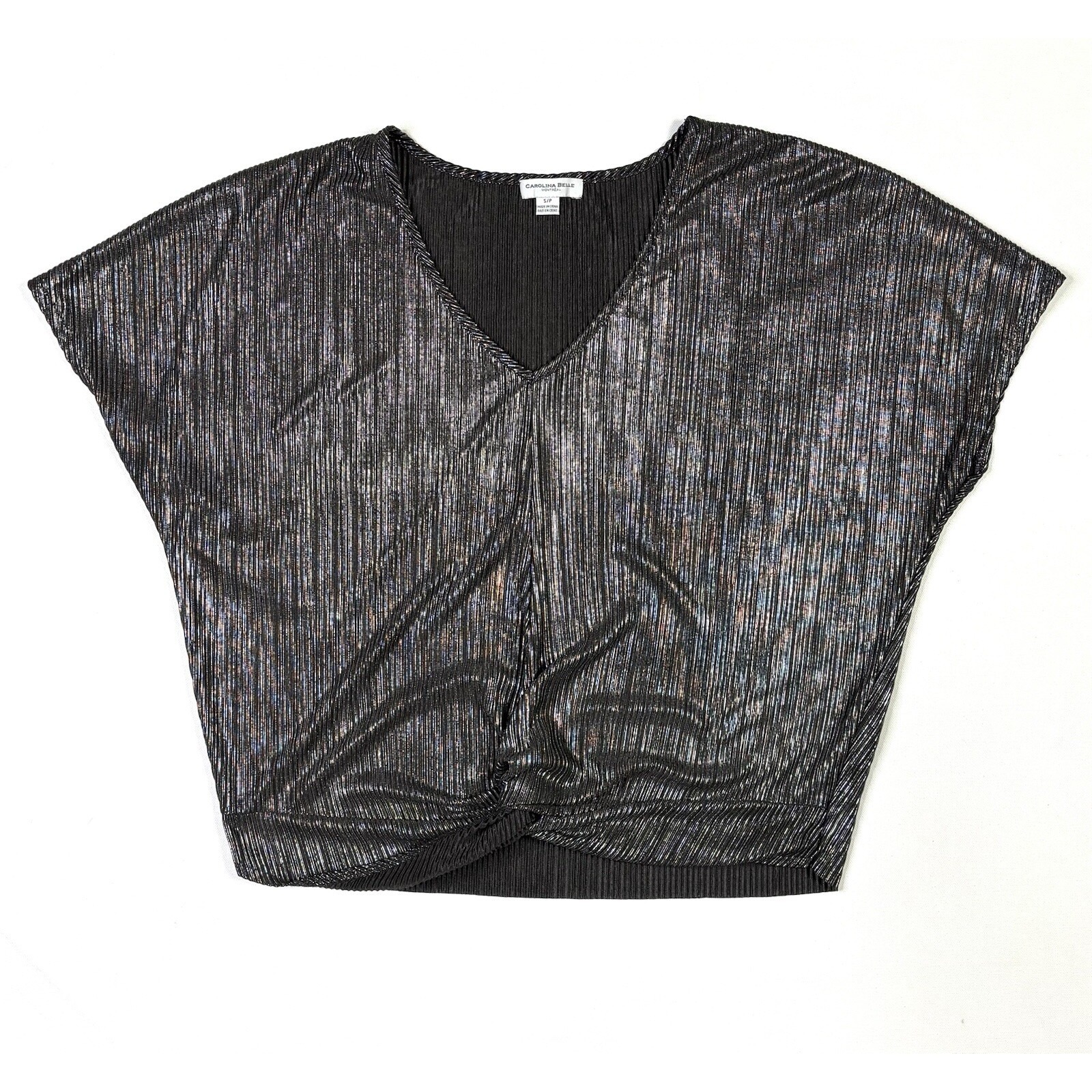 Carolina Belle Montreal Top Women's Small Metallic Shimmer Silver Black Shirt